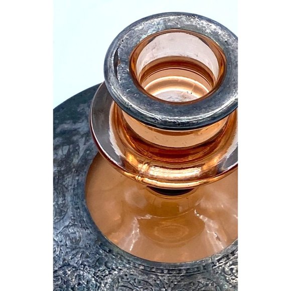 Victorian Silver Positive Tested 925 Glass Candle Holder Pink Depression - Picture 3 of 5